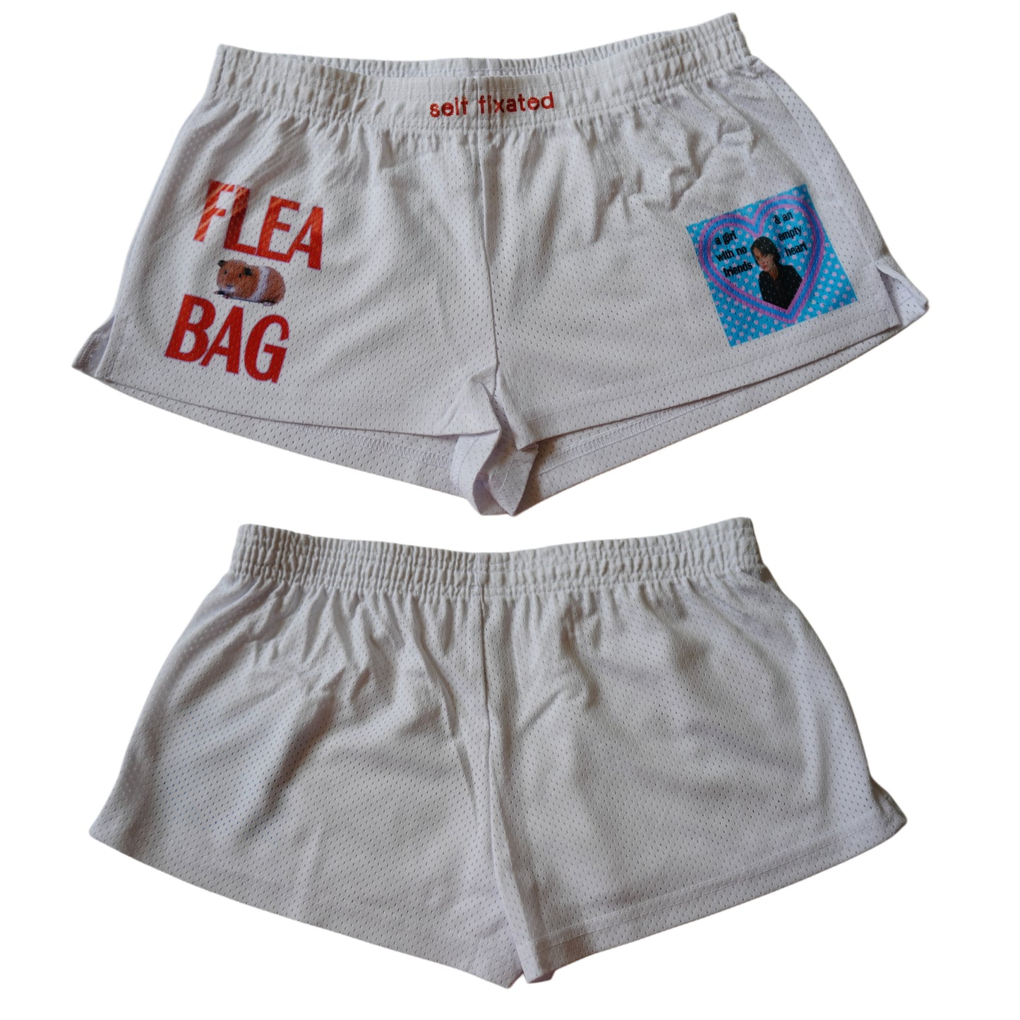 A girl with no friends & an empty heart mesh micro shorts