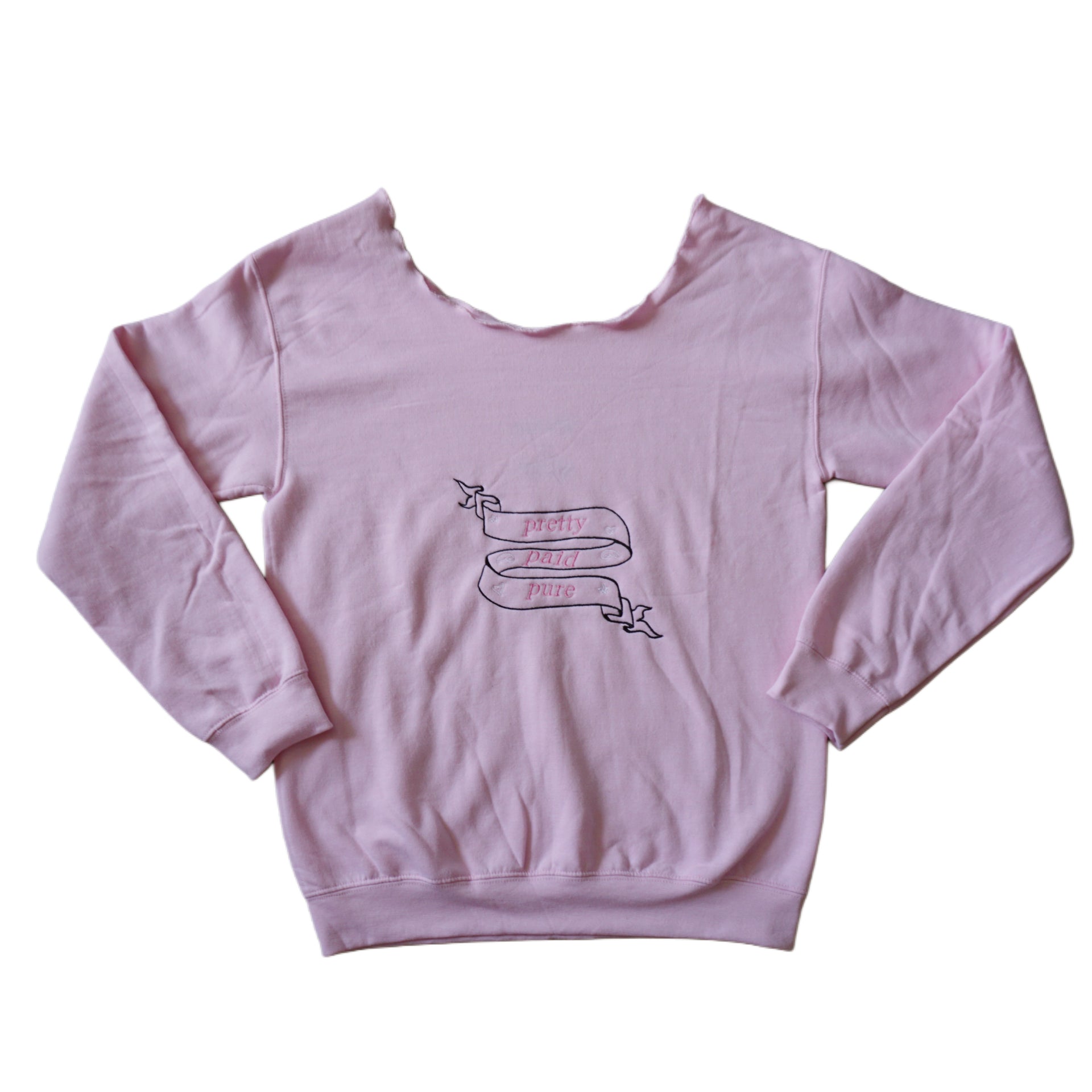 Pretty, Paid, Pure off the shoulder sweater