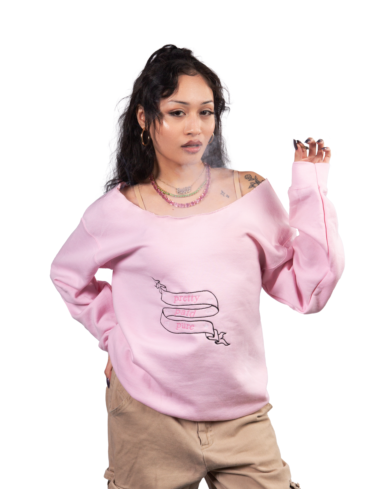 Pretty, Paid, Pure off the shoulder sweater